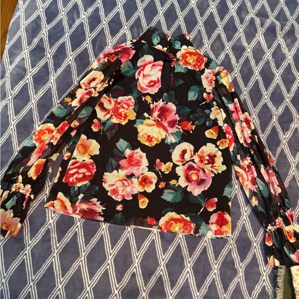 Floral Black Blouse with Long Sleeves